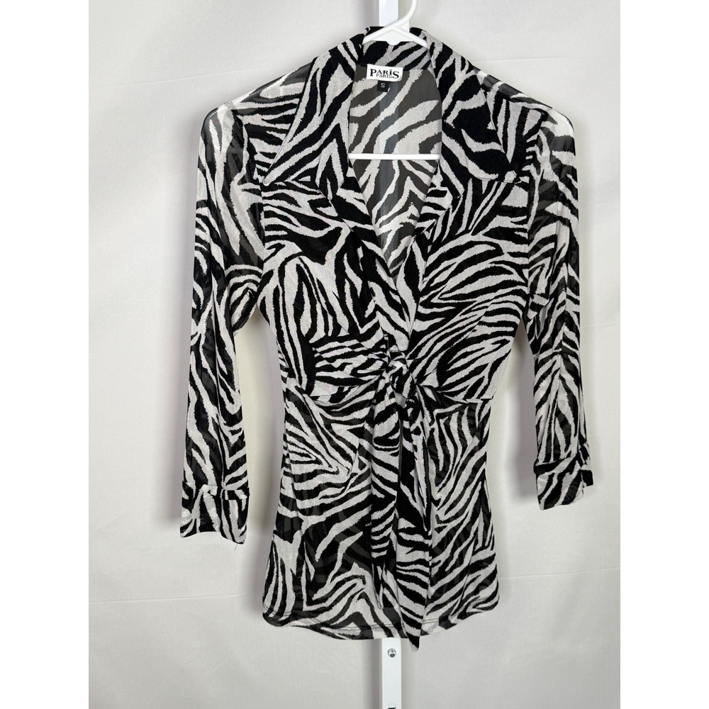 Y2K Paris Paris Zebra Print Mesh Tie Front Top Black White V-Neck Blouse Small